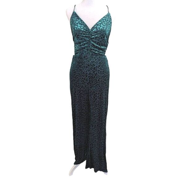 Miss Avenue Green Velvet Burnout leopard animal backless Cutout jumpsuit M - Picture 4 of 10